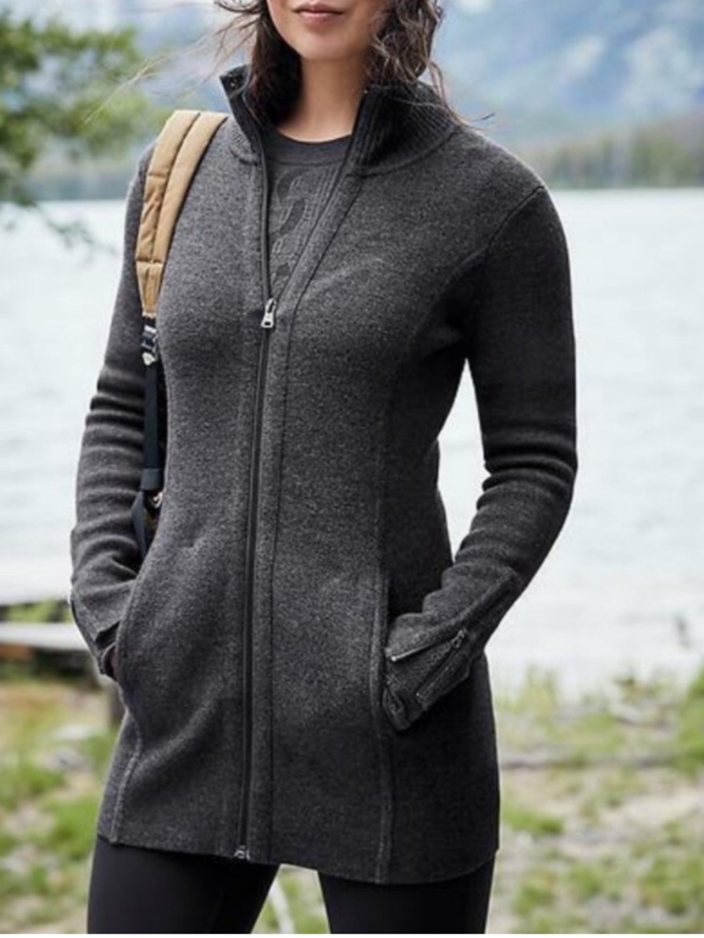 ATHLETA Chill Chaser Merino Wool Blend Sweater Coat in Charcoal Gray Small
